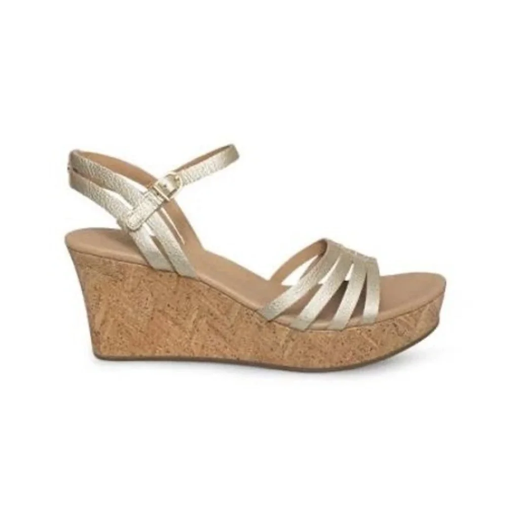 UGG Brigitte Metallic Gold Strappy Cork Wedge Sandals FD11164 Size 10
